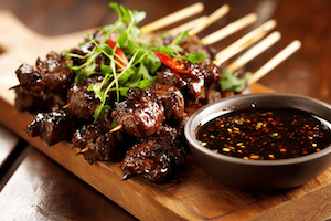Beef Sate on Cocktail sticks with Teriyaki Sauce on the Side