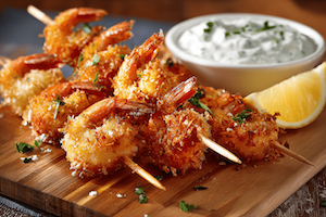 Coconut Shrimp Fried on Cocktail Sticks with Tartar Sauce on the Side