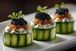 Cucumber Flowers topped with Salmon Mousse & Caviar