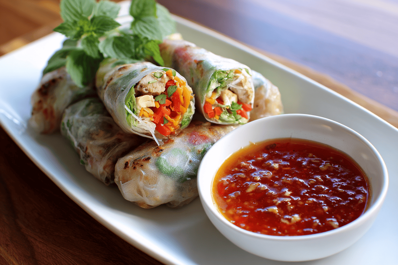 Thai Chicken & Cashew Spring Rolls with Sweet & Sour Sauce